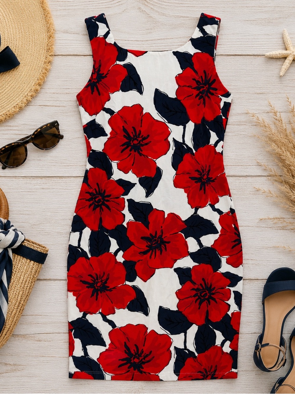 Cotton Tommy Hilfiger Sleeveless cotton White Dress with Red Floral‎ Print